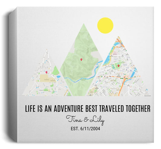 Personalized Milestones Map Print: 3 Locations Mountain Wall Art, Custom Travel Poster