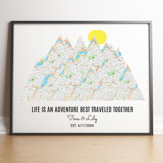 Personalized Milestones Map Print: 3-8 Locations Mountain Wall Art, Custom Travel Poster