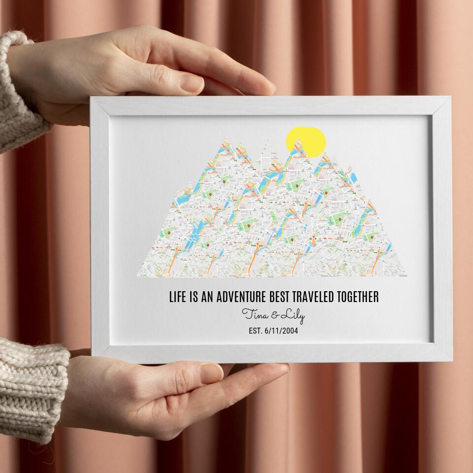 Personalized Milestones Map Print: 3-8 Locations Mountain Wall Art, Custom Travel Poster
