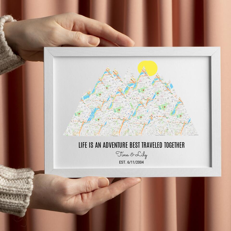 Personalized Milestones Map Print: 3-8 Locations Mountain Wall Art, Custom Travel Poster
