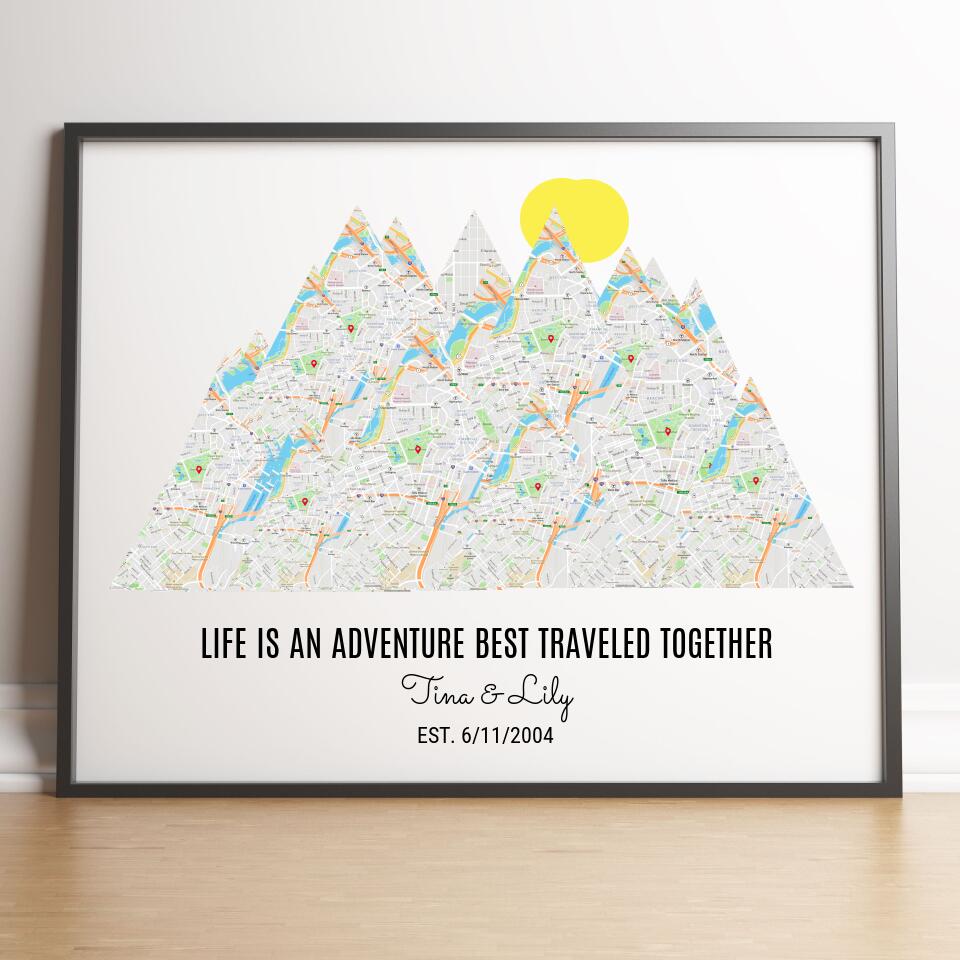 Personalized Milestones Map Print: 3-8 Locations Mountain Wall Art, Custom Travel Poster