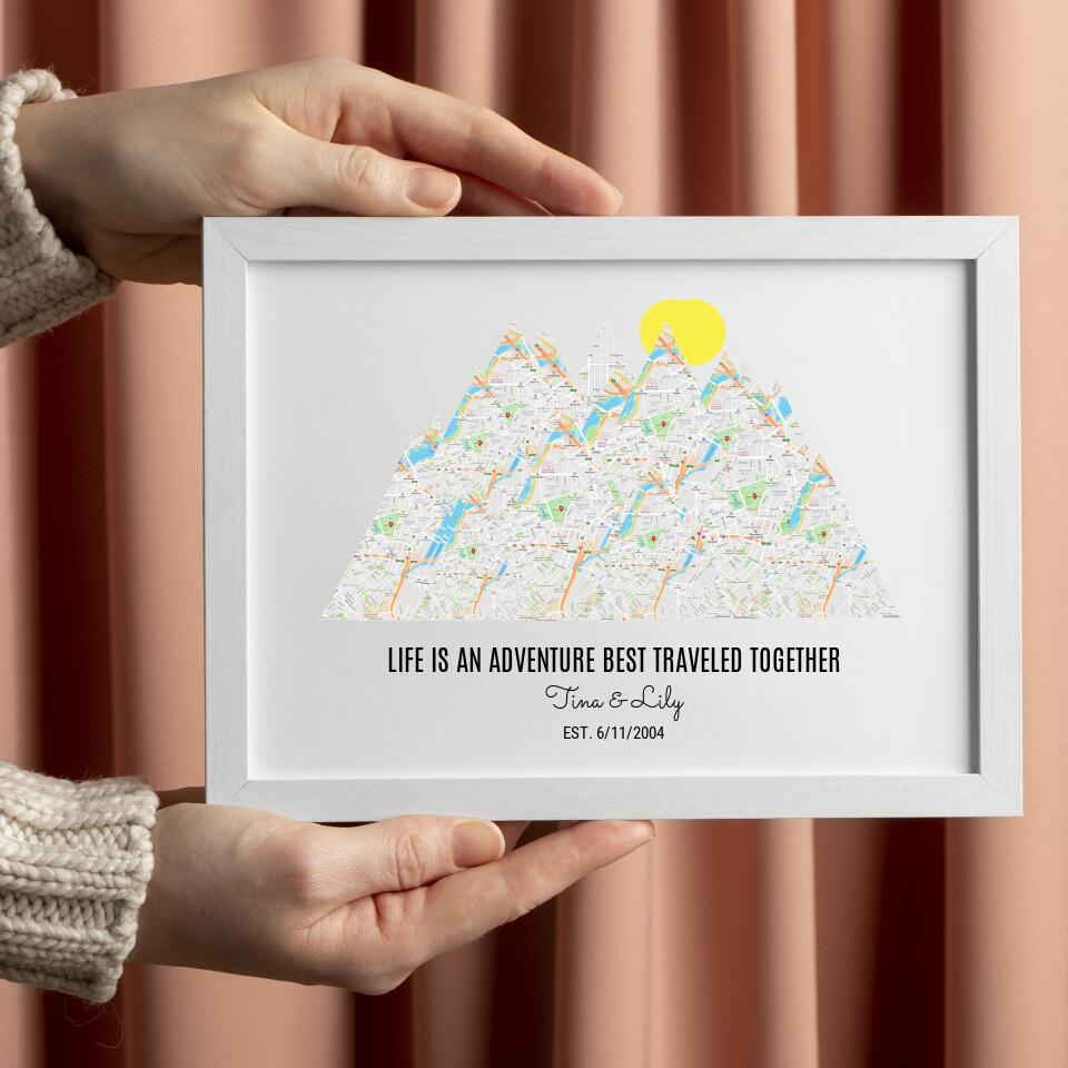 Personalized Milestones Map Print: 3-8 Locations Mountain Wall Art, Custom Travel Poster