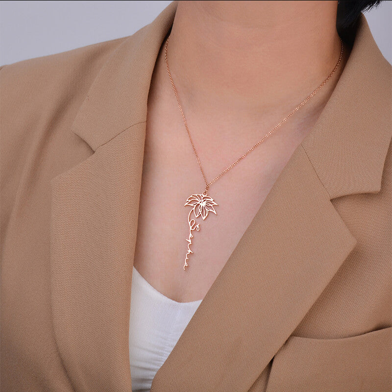 Personalized Name Necklace With Birth Flower, Birth Month Flower Name Necklace Gifts For Her