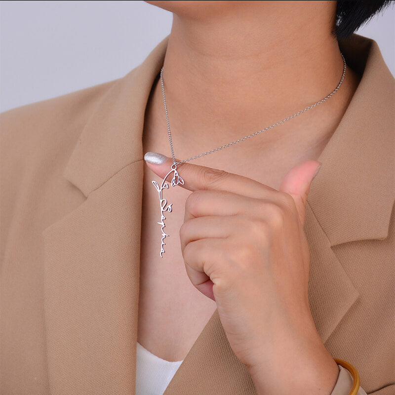 Personalized Name Necklace With Birth Flower, Birth Month Flower Name Necklace Gifts For Her