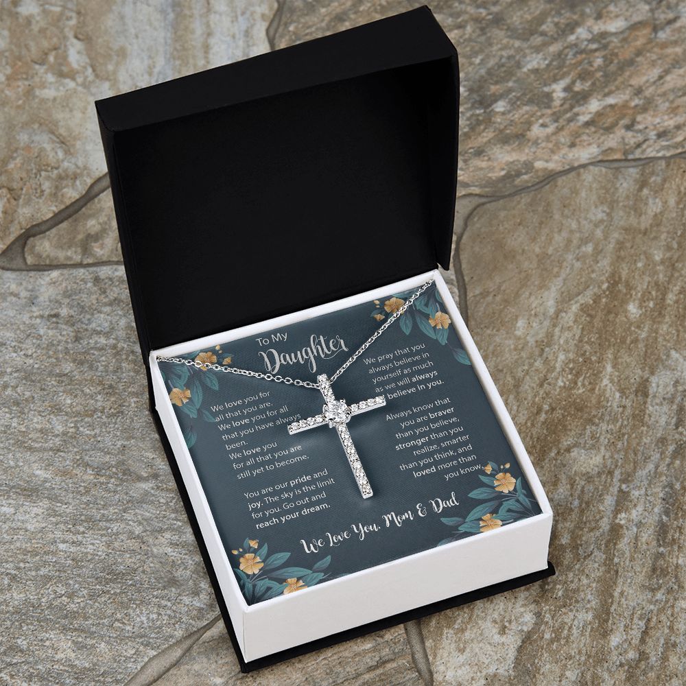 Daughter CZ Cross Necklace Gift from Mom Dad, To My Beautiful Daughter Necklace, Jewelry Gift for Daughter from Mother Father on Birthday, Graduation with Message Card