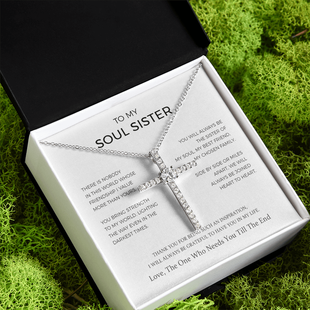 To My Soul Sister - Sister Of My Soul - Cz Cross Necklace, Birthday Gift For Sister On Anniversary, Birthday, Wedding