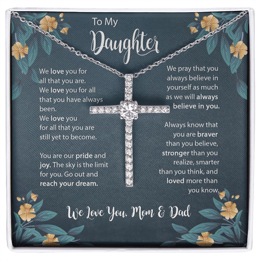 Daughter CZ Cross Necklace Gift from Mom Dad, To My Beautiful Daughter Necklace, Jewelry Gift for Daughter from Mother Father on Birthday, Graduation with Message Card