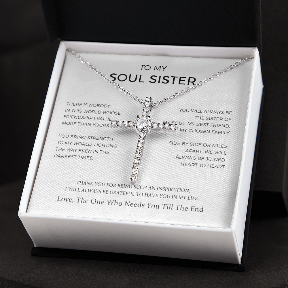 To My Soul Sister - Sister Of My Soul - Cz Cross Necklace, Birthday Gift For Sister On Anniversary, Birthday, Wedding