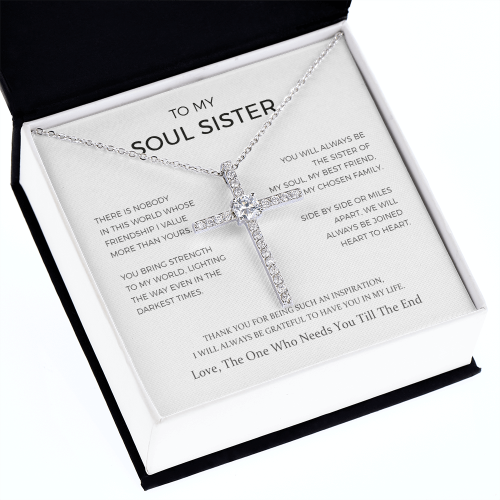 To My Soul Sister - Sister Of My Soul - Cz Cross Necklace, Birthday Gift For Sister On Anniversary, Birthday, Wedding