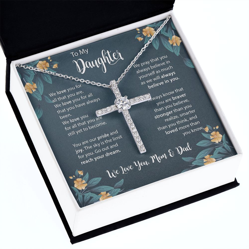 Daughter CZ Cross Necklace Gift from Mom Dad, To My Beautiful Daughter Necklace, Jewelry Gift for Daughter from Mother Father on Birthday, Graduation with Message Card
