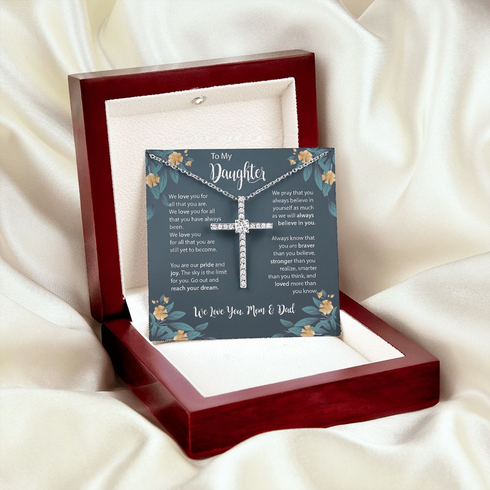 Daughter CZ Cross Necklace Gift from Mom Dad, To My Beautiful Daughter Necklace, Jewelry Gift for Daughter from Mother Father on Birthday, Graduation with Message Card