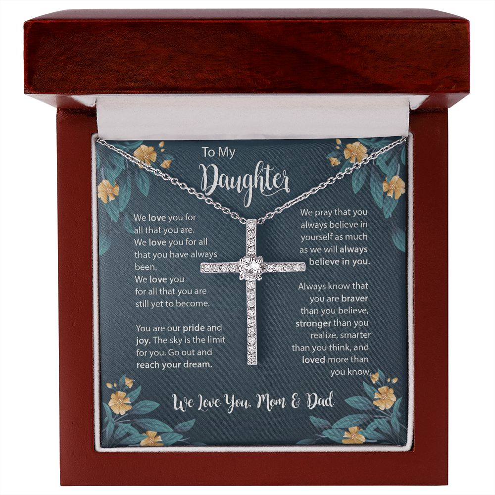Daughter CZ Cross Necklace Gift from Mom Dad, To My Beautiful Daughter Necklace, Jewelry Gift for Daughter from Mother Father on Birthday, Graduation with Message Card