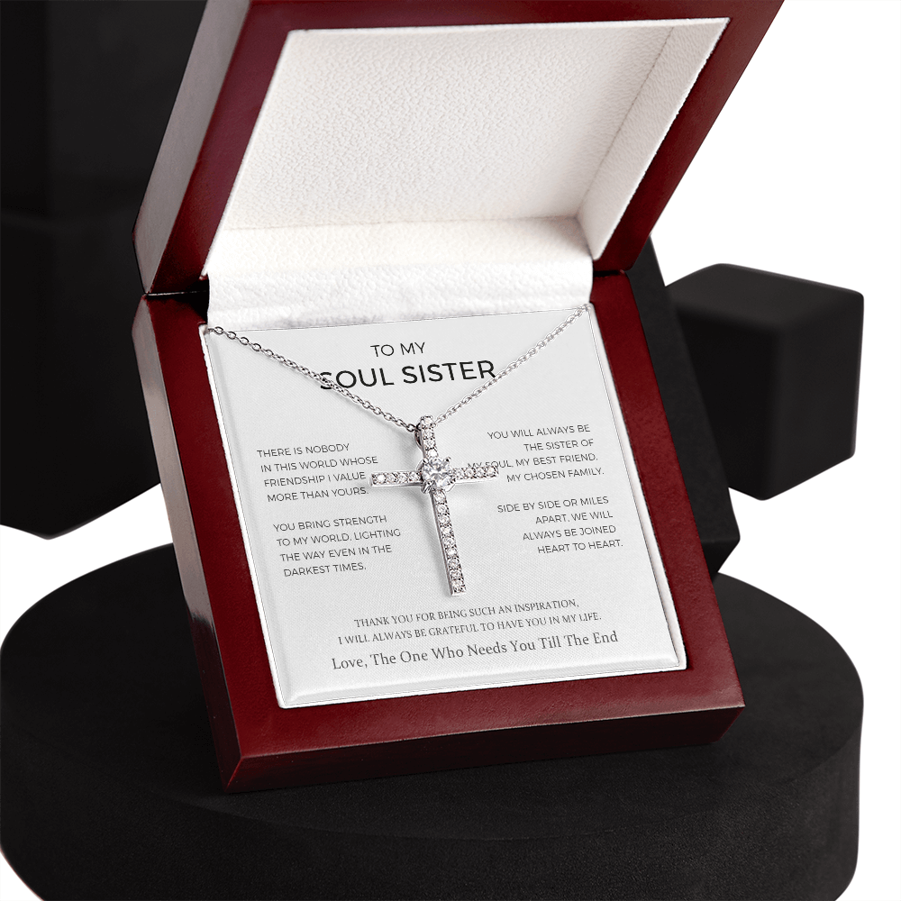 To My Soul Sister - Sister Of My Soul - Cz Cross Necklace, Birthday Gift For Sister On Anniversary, Birthday, Wedding