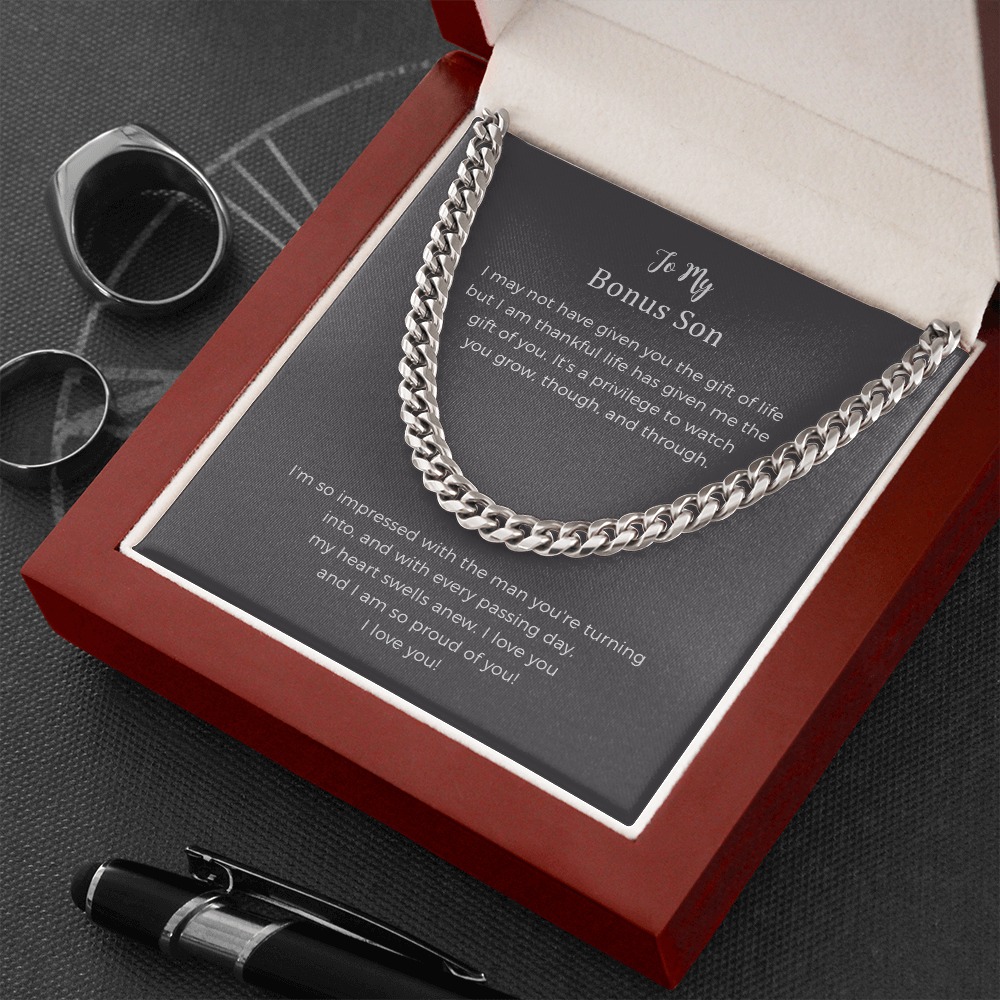 Bonus Son Gift, Step Son Gift, Stepson Birthday Gift, Adopted Son Gift, Step-Son Graduation Gift, To My Bonus Son Cuban Chain Necklace