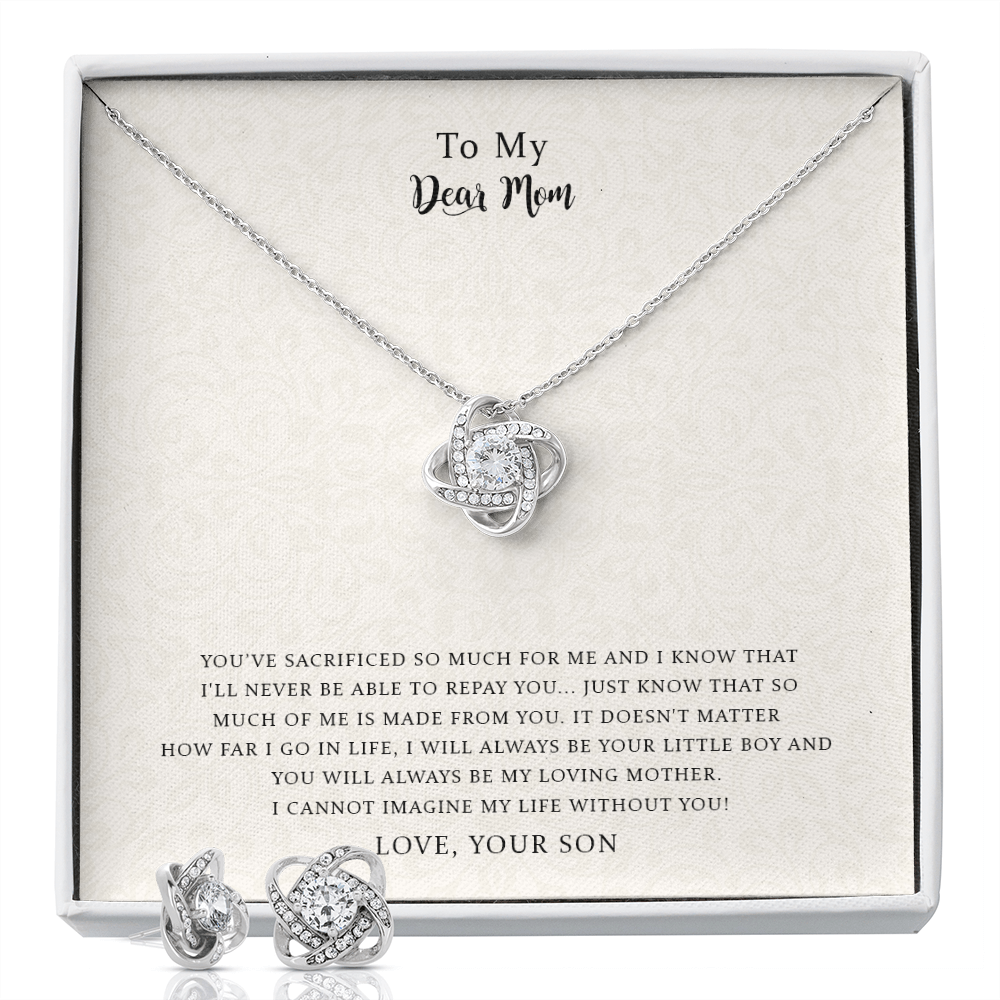 To My Dear Mom, I Can't Imagine My Life Without You, Love Knot Necklace & Earring Set For Mom