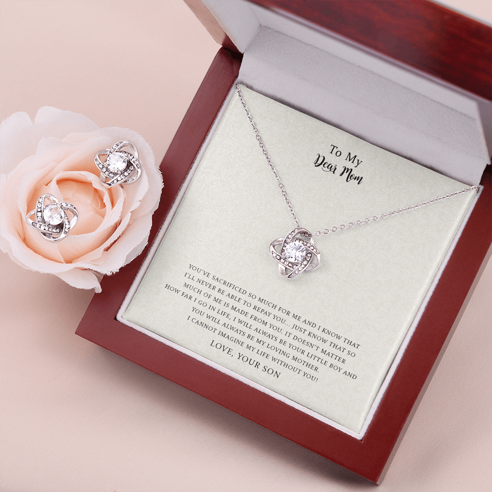 To My Dear Mom, I Can't Imagine My Life Without You, Love Knot Necklace & Earring Set For Mom