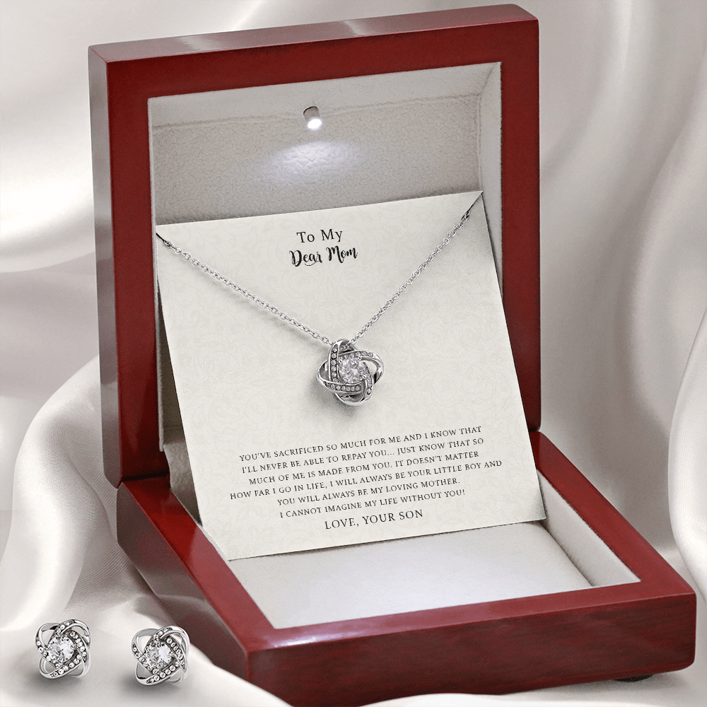 To My Dear Mom, I Can't Imagine My Life Without You, Love Knot Necklace & Earring Set For Mom