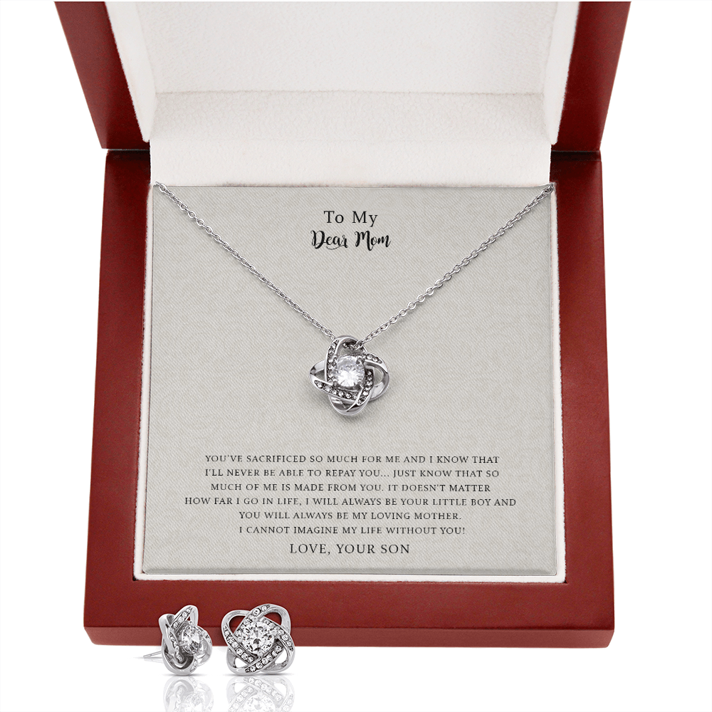 To My Dear Mom, I Can't Imagine My Life Without You, Love Knot Necklace & Earring Set For Mom