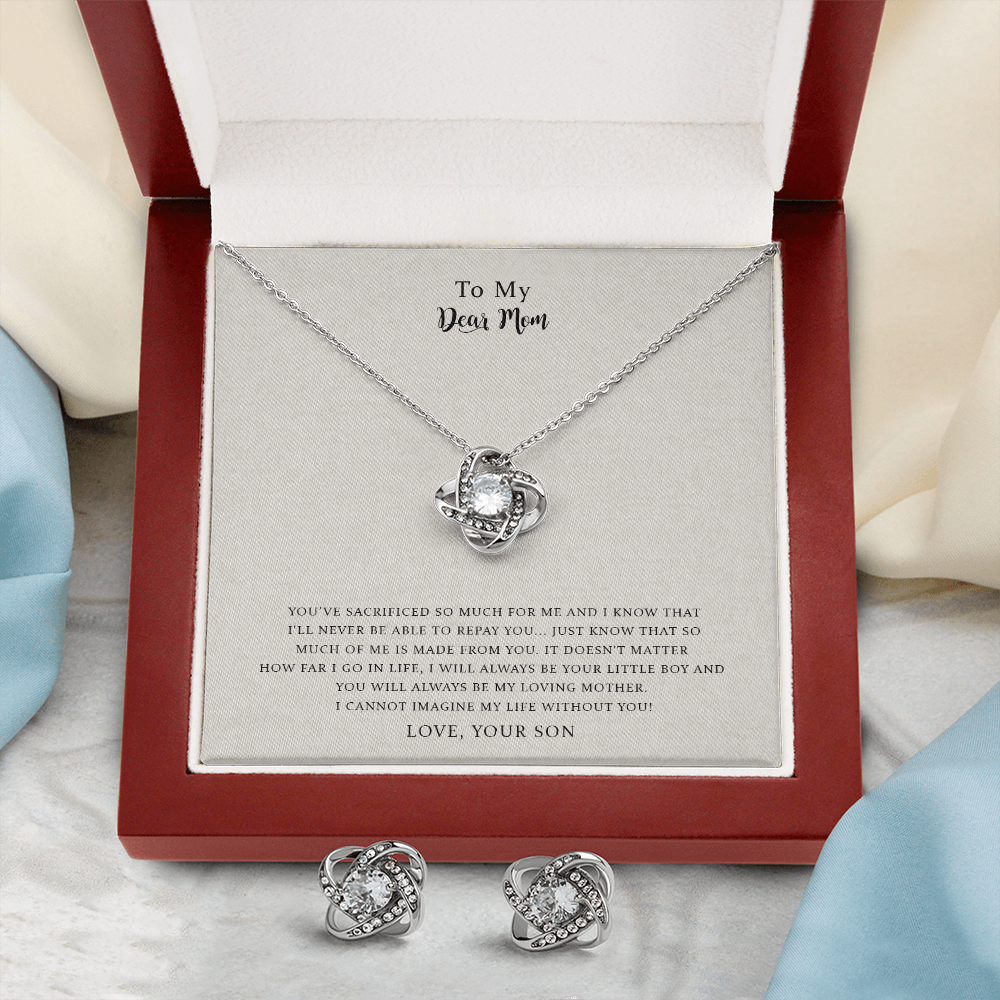 To My Dear Mom, I Can't Imagine My Life Without You, Love Knot Necklace & Earring Set For Mom