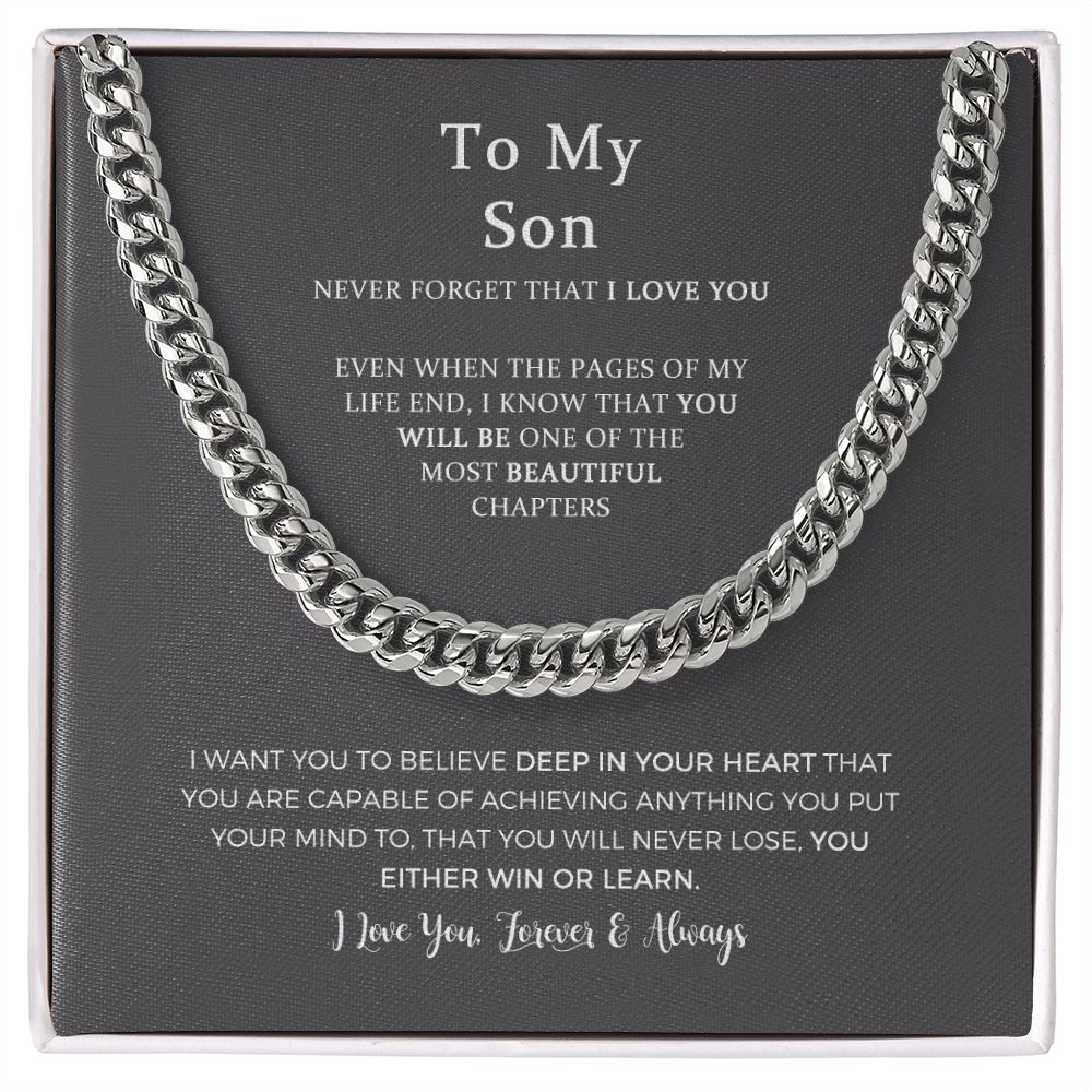 To My Son Stainless Steel Cuban Chain Necklace, Son Necklace from Mom Dad, Unique Christmas, Graduation, Birthday Gifts for Son from Father Mother with Message Card