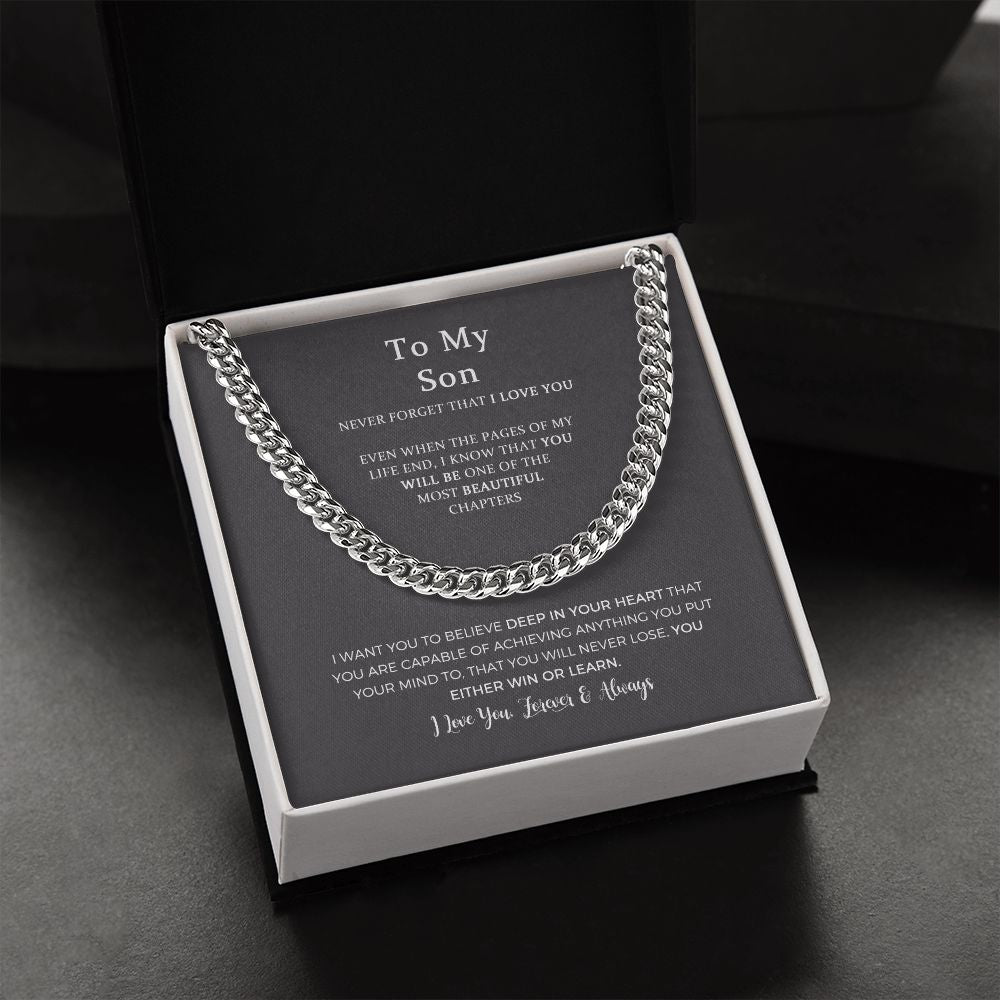 To My Son Stainless Steel Cuban Chain Necklace, Son Necklace from Mom Dad, Unique Christmas, Graduation, Birthday Gifts for Son from Father Mother with Message Card