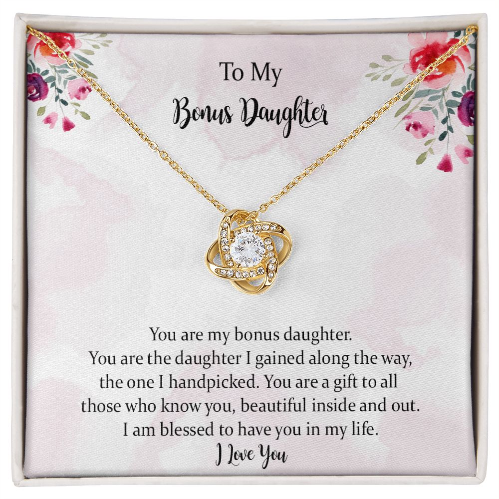 To My Bonus Daughter Love Knot Necklace，Step Daughter Gift from Stepmom Stepdad，Jewelry Gift for Daughter on Birthday, Christmas, Graduation with Message Card