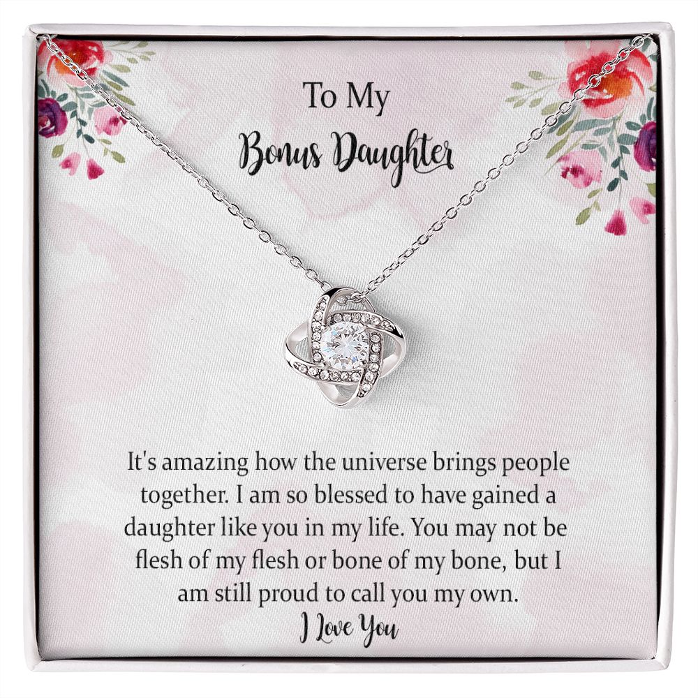 Step Daughter Gift from Stepmom Stepdad, To My Bonus Daughter Love Knot Necklace, Stepdaughter Jewelry Gift for Daughter on Birthday, Christmas, Graduation with Message Card