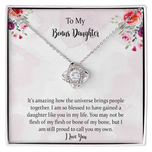 Step Daughter Gift from Stepmom Stepdad, To My Bonus Daughter Love Knot Necklace, Stepdaughter Jewelry Gift for Daughter on Birthday, Christmas, Graduation with Message Card