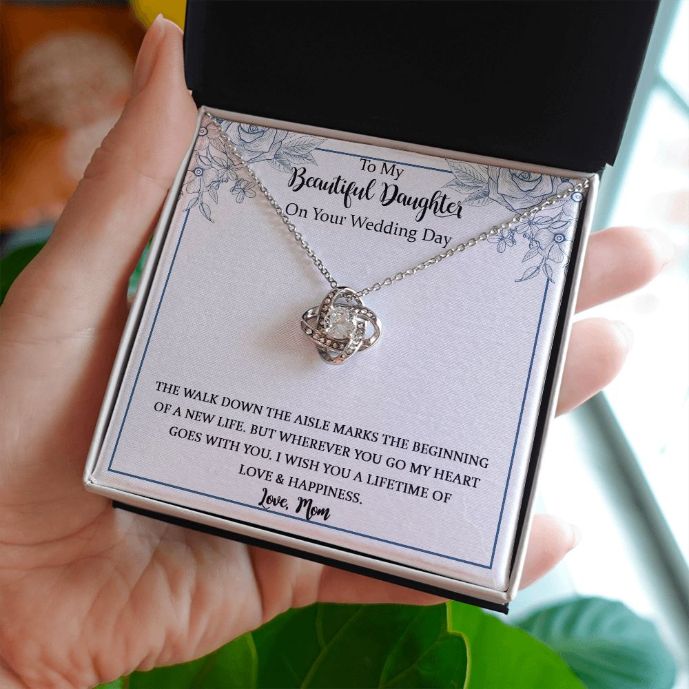 Daughter Wedding Love Knot Necklace Gift from Mom Dad, To My Daughter on Her Wedding Day, Bride Jewelry Gift from Mother Father, Mother to Bride Gift with Message Card.