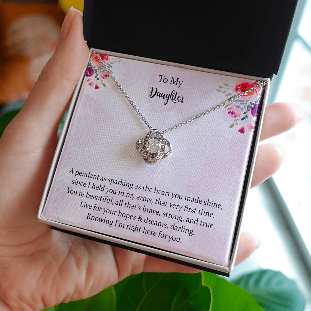 Daughter Love Knot Necklace Gift from Mom Dad, Christmas Gifts for Teenage Girls, Jewelry Gift for Daughter from Mother Father on Birthday, Graduation with Message Card