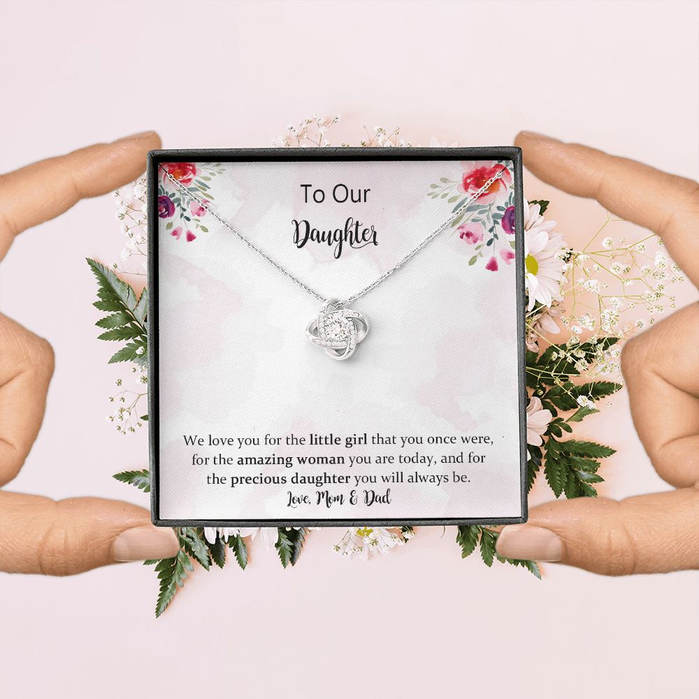 Daughter Love Knot Necklace Gift from Mom Dad, Mother Daughter Necklace, Birthday Graduation Christmas Jewelry Gifts for Our Beautiful Daugther with Message Card