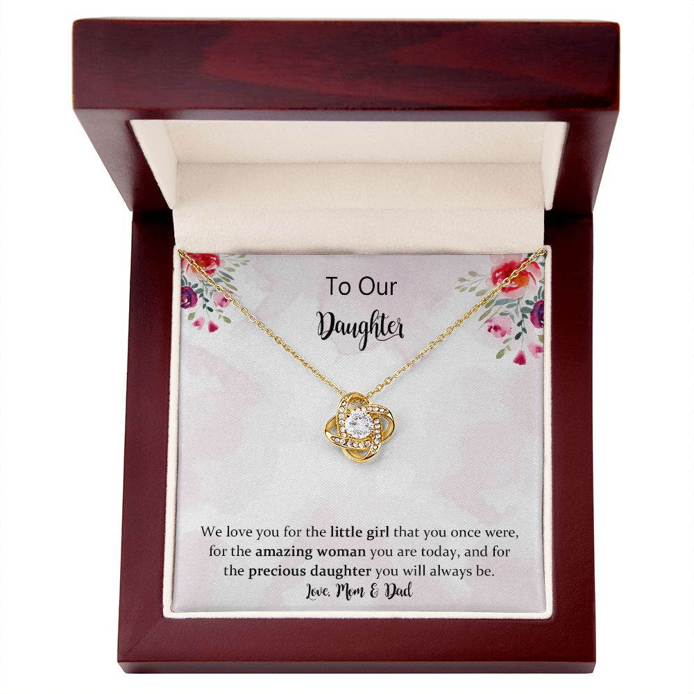 Daughter Love Knot Necklace Gift from Mom Dad, Mother Daughter Necklace, Birthday Graduation Christmas Jewelry Gifts for Our Beautiful Daugther with Message Card