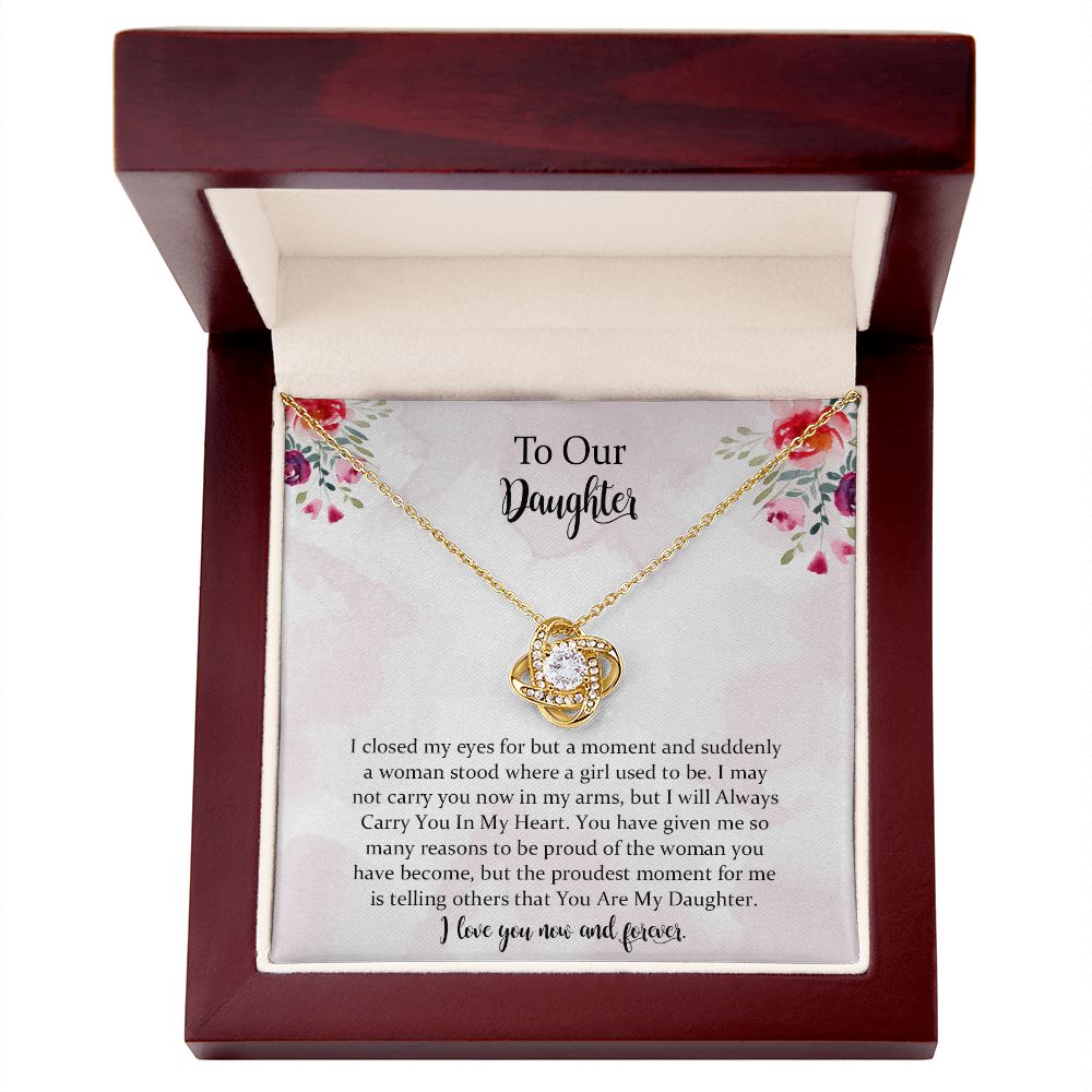 Daughter Gift from Mom， To My Daughter Love Knot Necklace， Gift for Daughter from Mother， Birthday Graduation Christmas Jewelry Gifts for My Beautiful Daugther with Message Card.