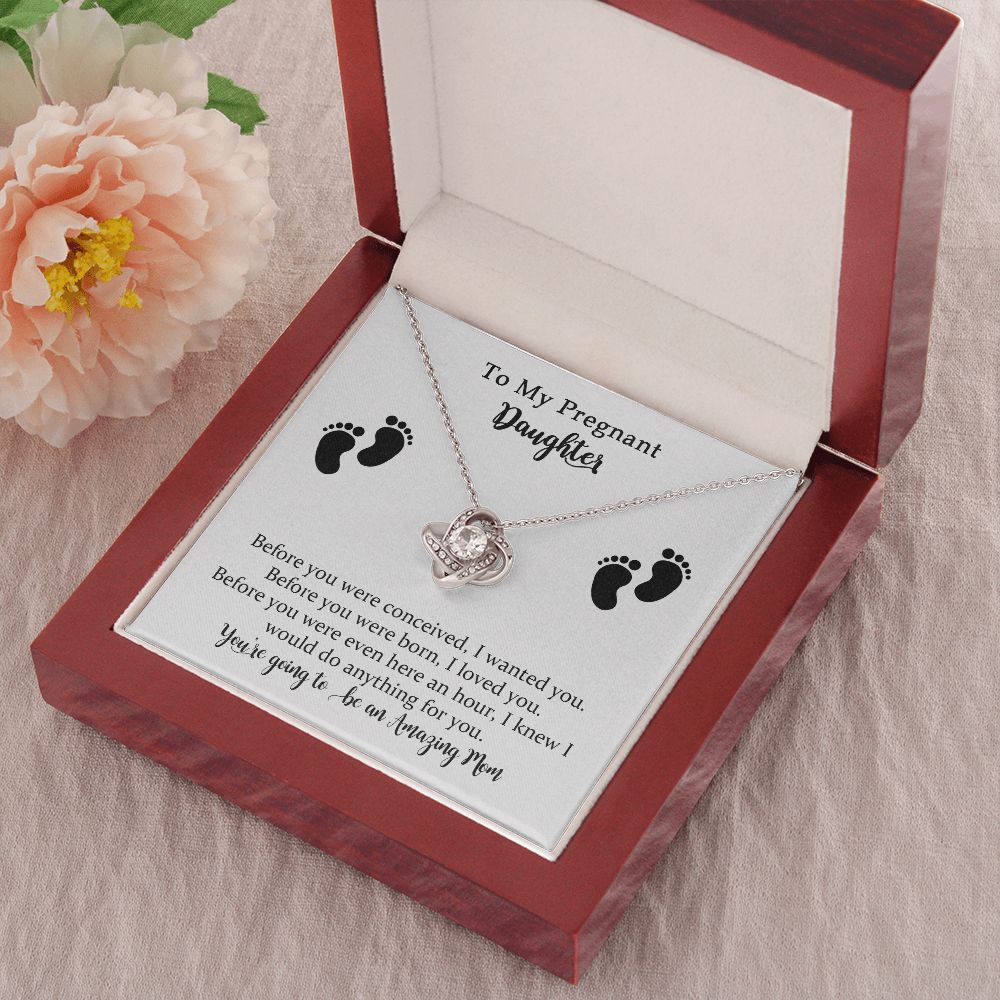 Pregnancy Love Knot Necklace from Mom, To My Daughter Jewelry Gift on Your Pregnancy, Mom to Be Gift,Pregnancy Necklace for Expecting New Mom with Message Card