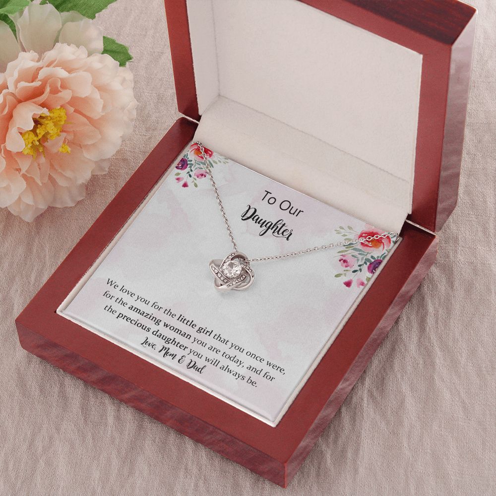 Daughter Love Knot Necklace Gift from Mom Dad, Mother Daughter Necklace, Birthday Graduation Christmas Jewelry Gifts for Our Beautiful Daugther with Message Card
