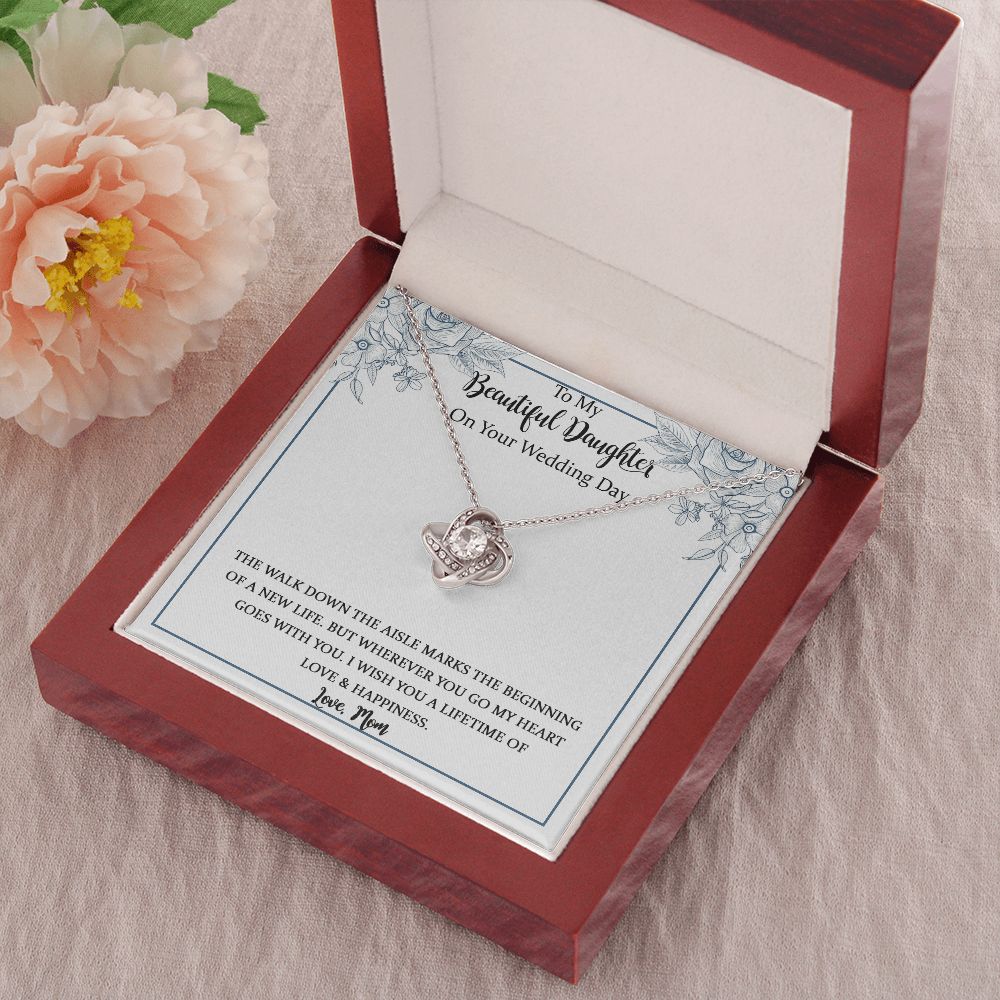 Daughter Wedding Love Knot Necklace Gift from Mom Dad, To My Daughter on Her Wedding Day, Bride Jewelry Gift from Mother Father, Mother to Bride Gift with Message Card.