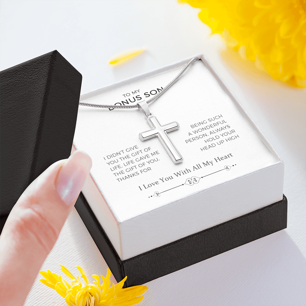 To My Bonus Son, Hold Your Head Up High, Cross Necklace