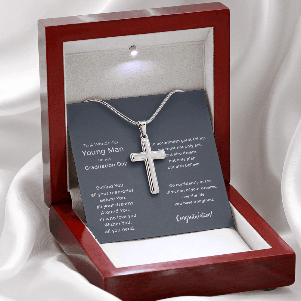 To A Wonderful Young Man Graduation Cross Necklace Gifts For Him, Go Confidently In The Direction Of Your Dreams.