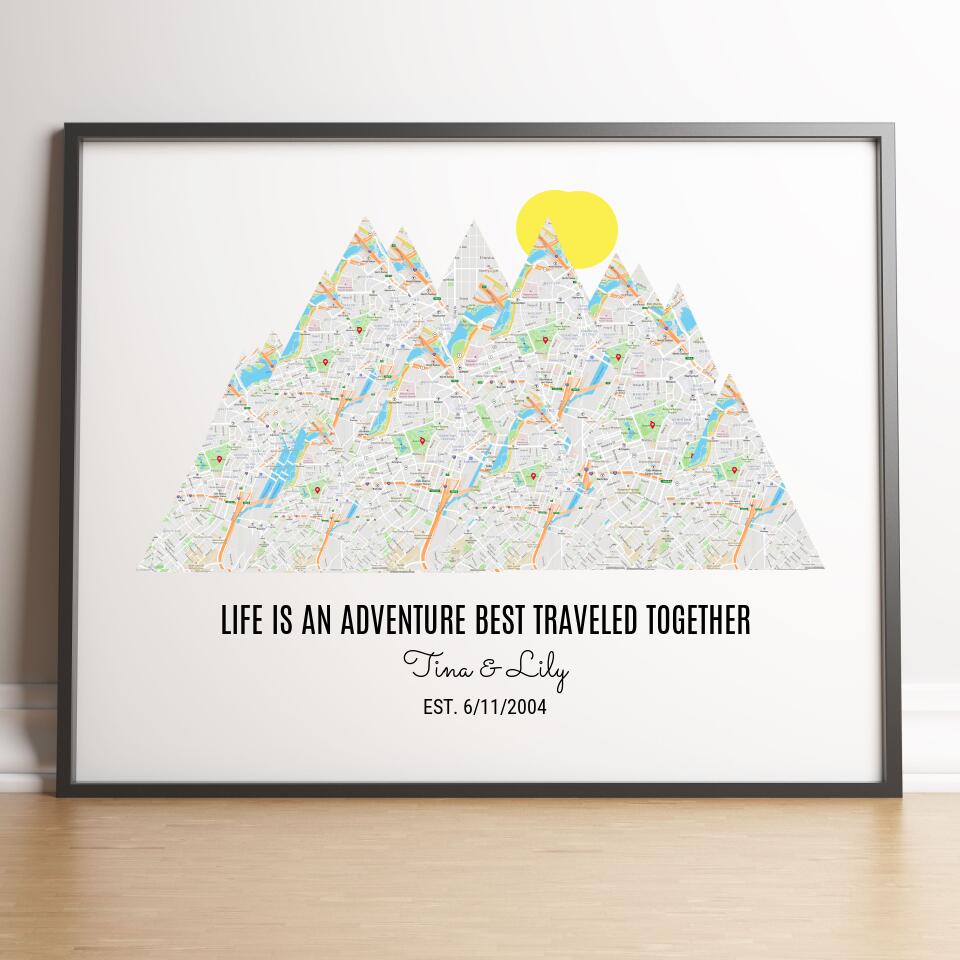 Personalized Milestones Map Print: 3-8 Locations Mountain Wall Art, Custom Travel Poster