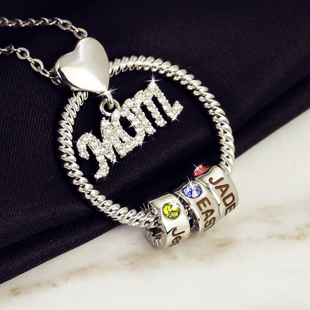 Custom Engraved Beads Necklace With Birthstones Gifts For MomCustom Engraved Beads Necklace With Birthstones Gifts For Mom