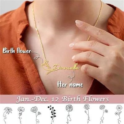 Personalized Name Necklace With Birth Flower, Birth Month Flower Name Necklace Gifts For Her