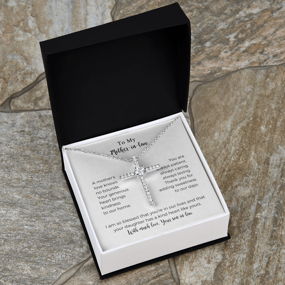 To My Mother-in-law, A Mother's Love Knows No Bounds, CZ Cross necklace, Mother Gift For Valentine's, Birthday, Anniversary For Mom