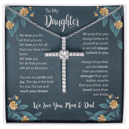 Daughter CZ Cross Necklace Gift from Mom Dad, To My Beautiful Daughter Necklace, Jewelry Gift for Daughter from Mother Father on Birthday, Graduation  with Message Card