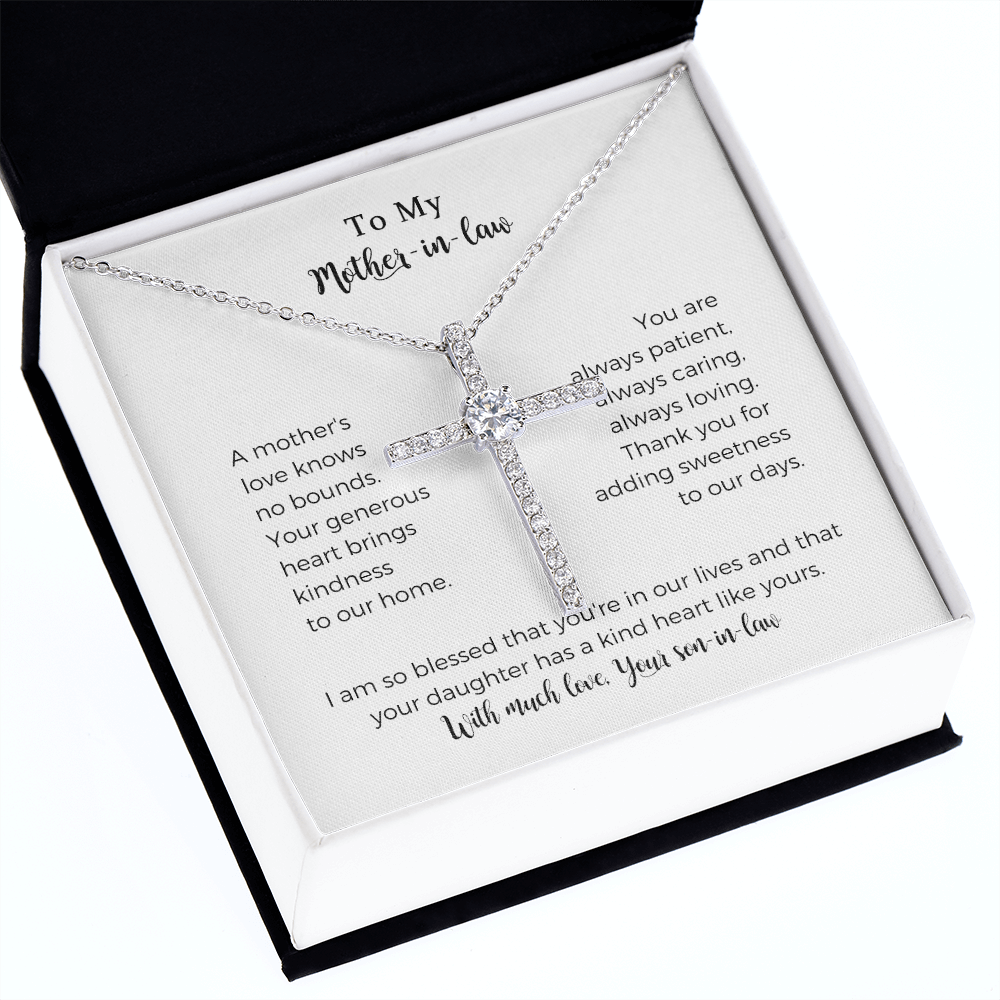 To My Mother-in-law, A Mother's Love Knows No Bounds, CZ Cross necklace, Mother Gift For Valentine's, Birthday, Anniversary For Mom