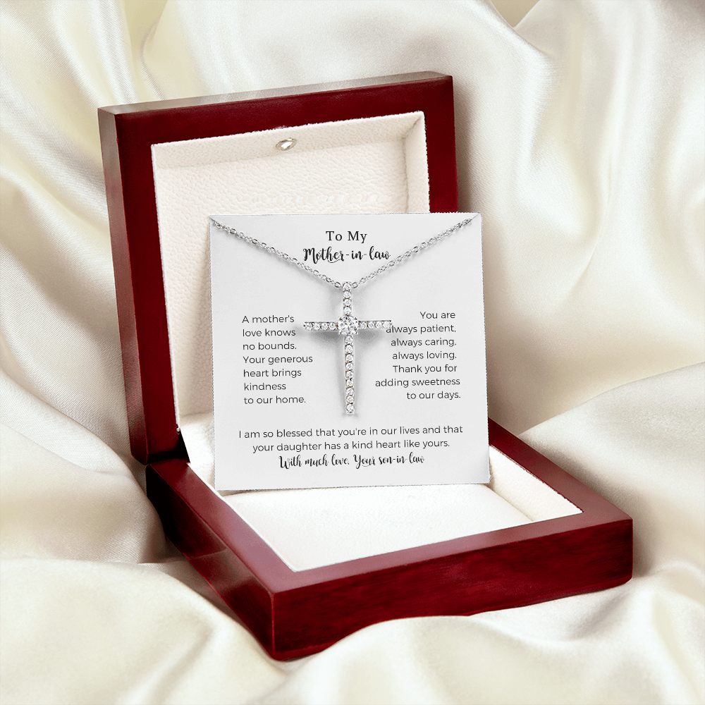 To My Mother-in-law, A Mother's Love Knows No Bounds, CZ Cross necklace, Mother Gift For Valentine's, Birthday, Anniversary For Mom