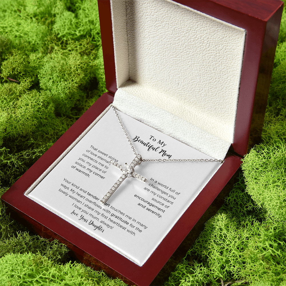 To My Beautiful Mum, That Sweet String Of Love CZ Cross Necklace For Mom，Mother Gift For Valentine's, Birthday, Anniversary