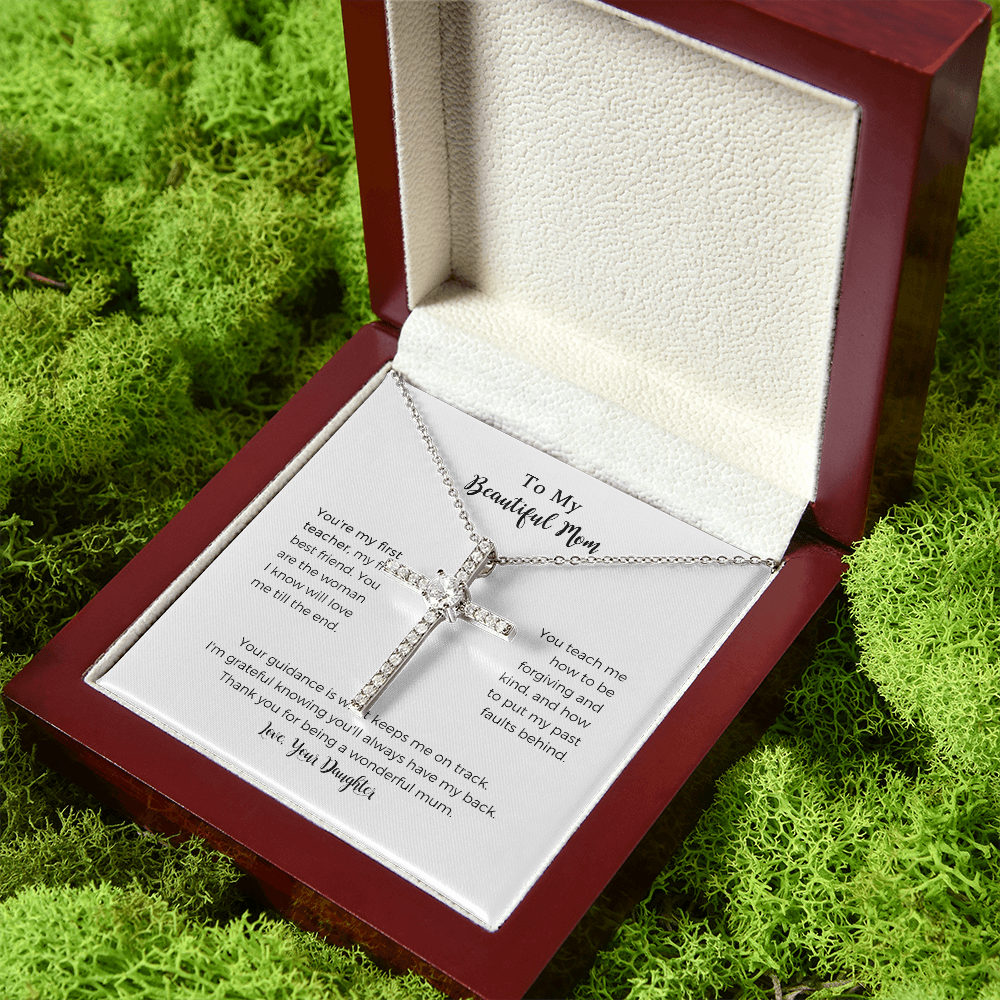 To My Beautiful Mum, You're My First Teacher Cz Cross Necklace，Mother Gift For Valentine's, Birthday, Anniversary
