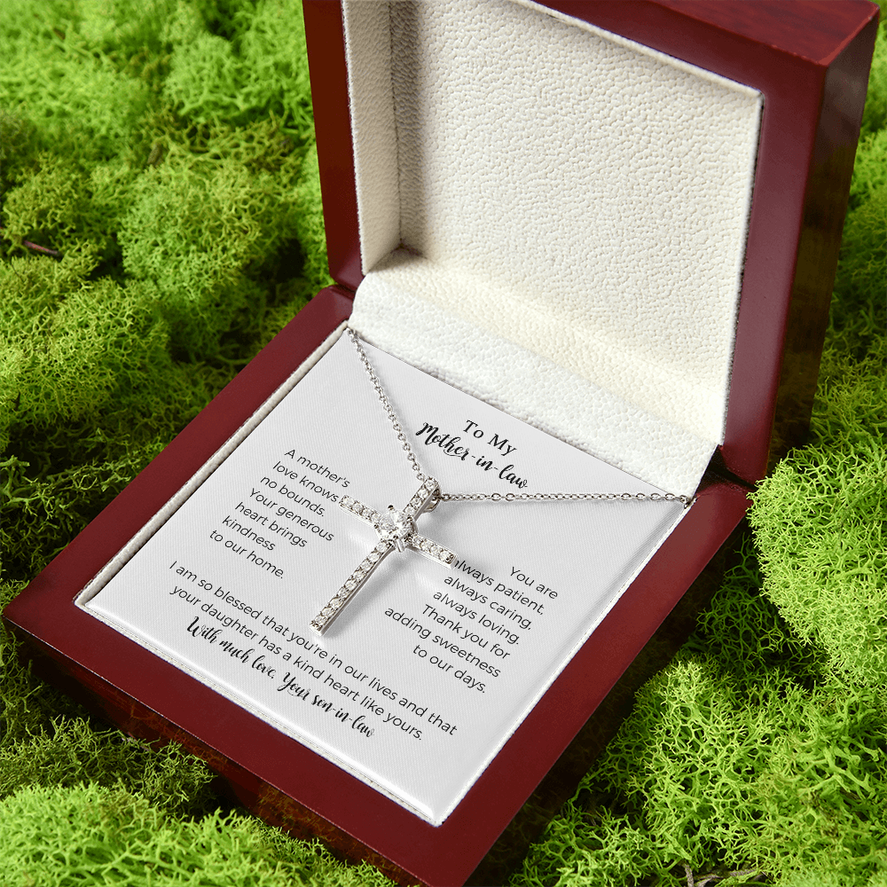 To My Mother-in-law, A Mother's Love Knows No Bounds, CZ Cross necklace, Mother Gift For Valentine's, Birthday, Anniversary For Mom