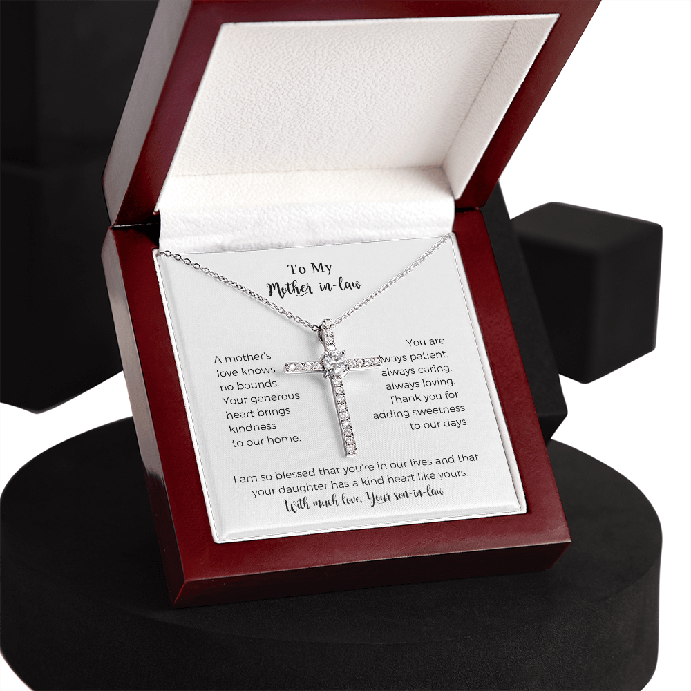 To My Mother-in-law, A Mother's Love Knows No Bounds, CZ Cross necklace, Mother Gift For Valentine's, Birthday, Anniversary For Mom