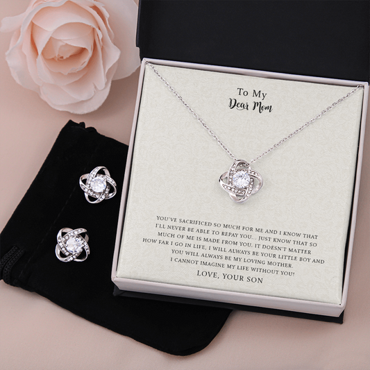 To My Dear Mom, I Can't Imagine My Life Without You,   Love Knot Necklace & Earring Set For Mom